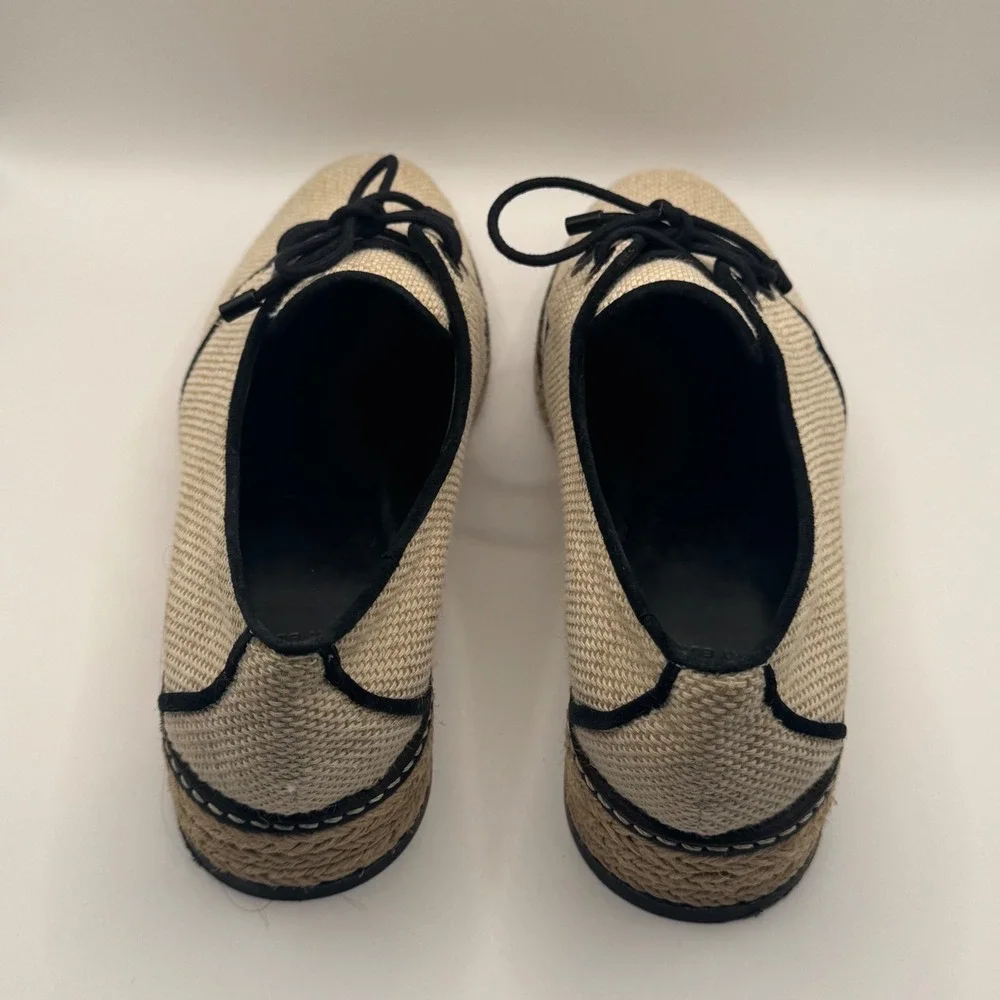 Tory Burch Beige Woven Espadrille Oxford Lace Up Flats Black Trim Women's 7.5M